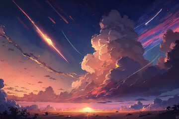 Sky with beautiful sunset light. Fantasy sky anime art style wallpaper background. Cloudy day in anime theme. Digital art style. Illustration painting. Generative AI.