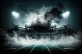 Fototapeta Sport - American football stadium field with smoke and neon background, generated with computer, suitable for background design, flayer, brosur, ad, booklets and leaflets.