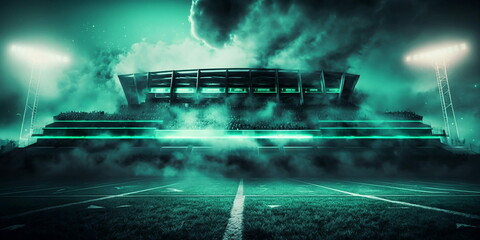 American football stadium field with smoke and neon background, generated with computer, suitable for background design, flayer, brosur, ad, booklets and leaflets.