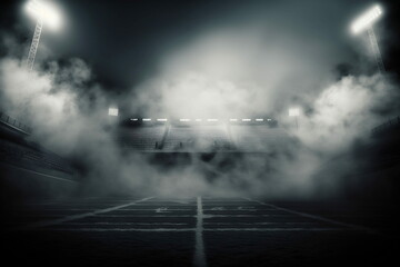 American football stadium field with smoke and neon background, generated with computer, suitable for background design, flayer, brosur, ad, booklets and leaflets.