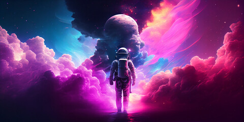 Wall Mural - 3d illustration of man in space suit inside softly glowing pink and blue galactic cloud. peaceful ga