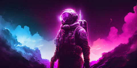 Wall Mural - 3d illustration of man in space suit inside softly glowing pink and blue galactic cloud. peaceful ga