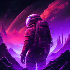 Wall Mural - 3d illustration of science fiction scene showing astronaut viewing space and planets from mountain s