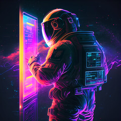 Wall Mural - retrowave neon 3d illustration of space suit wearing male figure accessing virtual terminal. alien d