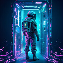 Wall Mural - retrowave neon 3d illustration of space suit wearing male figure accessing virtual terminal. alien d