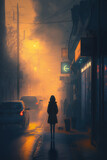 Fototapeta Morze - silhouette of a man walking on the street