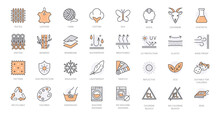 Fabric Feature Line Icons Set. Material Features - Textile, Leather, Cotton, Silk, Wool, Cashmere Yarn, Synthetic Vector Illustration. Outline Signs About Clothes Label. Orange Color Editable Stroke