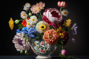 Poster -  a vase filled with lots of colorful flowers on top of a table next to a flower stemer with a single flower in it's center.  generative ai