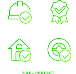 Achievements in industries pixel perfect gradient linear vector icons set. Work safety. Check marks. Thin line contour symbol designs bundle. Isolated outline illustrations collection