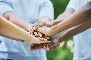 Poster - People, diversity and hands together for community, trust or collaboration in partnership in the outdoors. Hand of team piling or joining in unity for agreement, coordination or support in solidarity