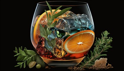 Poster -  a glass filled with liquid and fruit on top of a black table top with leaves and other things around it and on the side of the glass is an orange slice.  generative ai