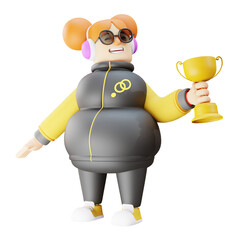 Wall Mural -  3D illustration. Beautiful 3D Cute Girl Cartoon Image showing her trophy. showing happy laughter. wearing cute sunglasses. 3D Cartoon Character