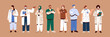 Doctors, medical staff set. General practitioners, medics, physicians, therapists and paramedics standing portraits. Clinic, hospital workers in uniform. Isolated flat graphic vector illustrations