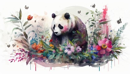 Sticker -  a painting of a panda bear surrounded by colorful flowers and butterflies on a white background with a splash of paint on the bottom of the image.  generative ai