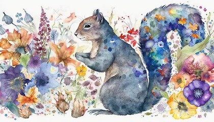 Sticker -  a watercolor painting of a squirrel surrounded by wildflowers and flowers, with a white background and a blue tail and tail, with a black nose and tail.  generative ai