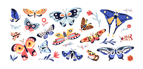 Wall Mural - Beautiful butterflies set. Exotic moths, charming flying winged insects. Pretty tropical fauna, flowers, spring and summer nature bundle. Colored flat vector illustrations isolated on white background