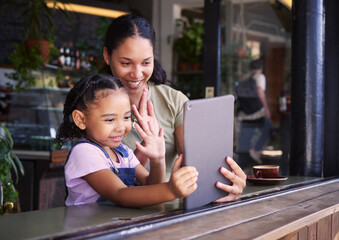 Sticker - Video call, restaurant and woman and girl with a tablet waving on social media, online and app at a coffee shop. Kid, daughter and child with parent on the internet for communication and talking