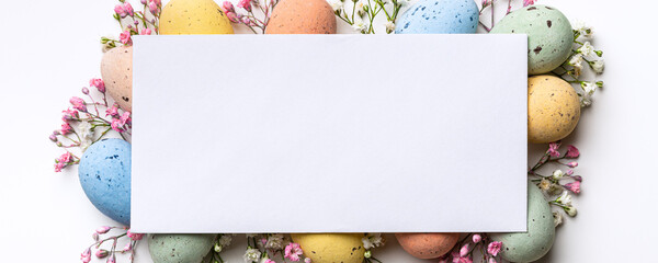 Wall Mural - Easter banner with Easter quail eggs, flowers, paper blank over white background. Spring holidays concept with copy space. Top view