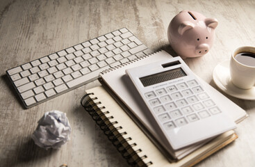 Poster - Notepad, piggy bank, keyboard and calculator