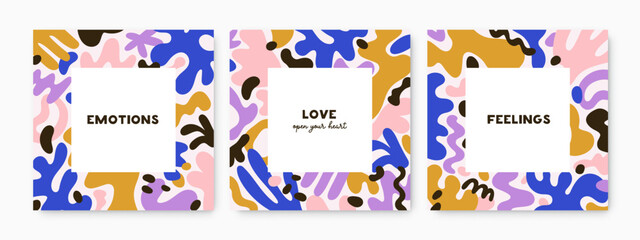 Fototapete - Square cards with abstract shapes frame. Postcards backgrounds set. Modern minimalist backdrops designs with creative trendy fluid elements, doodle organic pattern. Flat vector illustrations