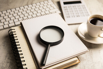 Canvas Print - Notepad, magnifier, keyboard and calculator