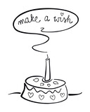 Fototapeta  - Tort urodzinowy ze zdmuchniętą świeczką, pomyśl życzenie. Czarno-biała ilustracja wektorowa, prosty rysunek odręczny. Torcik na urodziny, rocznica, zgaszona świeczka 