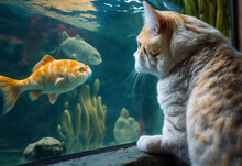The Cat Looks At The Fish In The Aquarium. Generative AI,