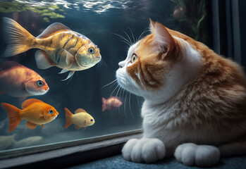 Wall Mural - The cat looks at the fish in the aquarium. Generative AI,