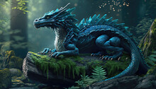 Blue Ancient Forest Dragon Sitting On Top Of A Lush Green Forest. Postproducted Generative AI. Digital Illustration