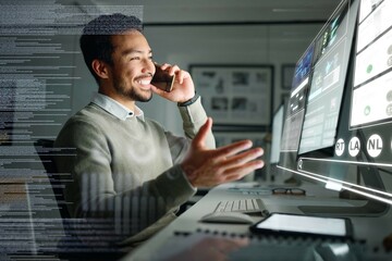 Poster - Stock market dashboard, hologram or trader on a phone call talking about trading data or investment stocks. Overlay or happy man trading on digital ui or ux on software for financial growth at night