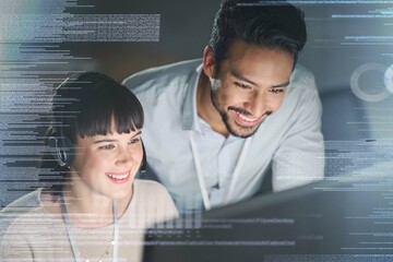 Man, woman and pc in night with overlay, happy and coaching for tech support, data analytics and web ux. Teamwork, learning and crm training with 3d holographic for collaboration and coding