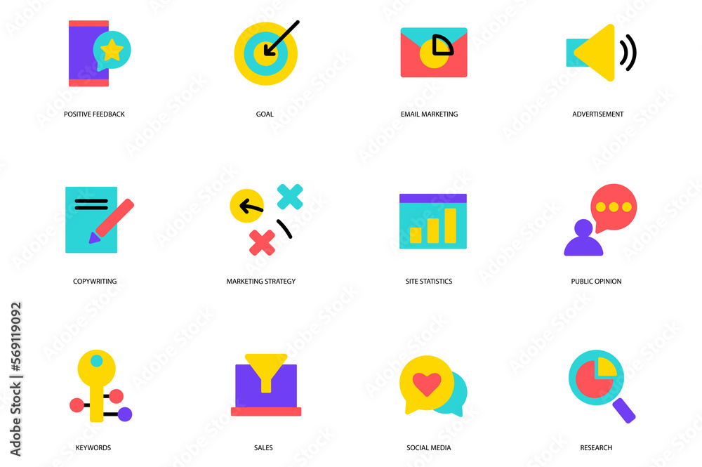 Marketing set of icons concept in the flat cartoon design. Different ...