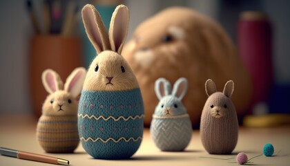 Sticker -  a group of small stuffed animals sitting next to each other on a table next to a stuffed bunny and a stuffed rabbit in a sweater.  generative ai