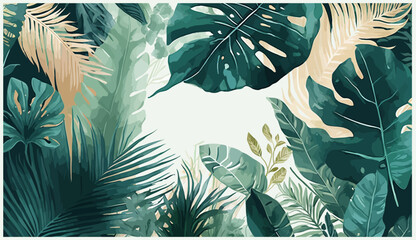 Wall Mural - Tropical foliage art background vector. Beautiful, minimalistic print for your decor for postcard, congratulations and poster. Vector illustration