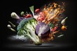 Fresh mixed vegetables exploding. Healthy eating concept. black background illustration generative ai