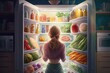 View from the back of Beautiful Young Woman Opens Fridge Door, Looks inside Takes out Vegetables. Woman Preparing Healthy Meal Using Groceries full of Healthy illustration generative ai