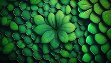  A Green Background With Leaves And Hexagons In The Center Of The Image Is A Four - Leaf Clover, And The Leaves Are Arranged In A Hexagonomic Pattern.  Generative Ai