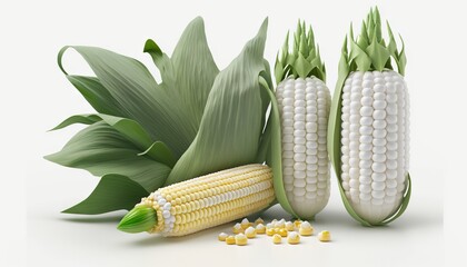 Poster -  corn on the cob and corn kernels on a white background with green leaves and a white background with a white background and a white background with a white border.  generative ai