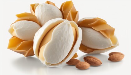 Sticker -  a pile of almonds and a piece of cheese on a white surface with almonds on the side of the image and almonds on the top of the image.  generative ai