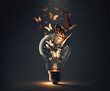 Creative idea , with butterflies emerging from light bulb. Generative AI illustration