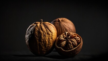 Poster -  a couple of nuts sitting on top of a black table top next to a piece of fruit on a black tablecloth with a black background.  generative ai