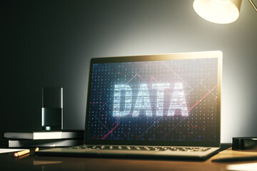 Wall Mural - creative data word hologram on modern laptop monitor, big data and blockchain concept. 3d rendering