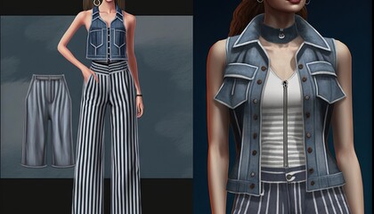  a woman wearing a denim vest and striped pants with a white top and black and white striped pants and a white and blue striped shirt.  generative ai