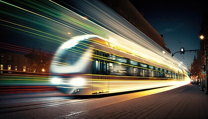 Poster -  a train is moving along a city street at night with long exposures of the lights on the train and the building behind the train.  generative ai