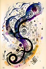 Treble clef, music notes sheet, watercolour, Morse code, abstract art, Sumi-e ink, hemp paper. Generative AI