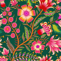 Beautiful floral romantic seamless pattern in Jacobean style.The ornament is also inspired by Mughal art.The design depicts a bunch of fantasy flowers a textile Indian style.