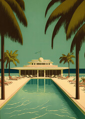 Wall Mural - Vintage styled tropical summer beach resort hotel poster design. Generative ai