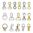A collection of metal accessories for decorating and tailoring clothes, shoes, bags. 
Metal buckle flat sketch vector illustration set.
Different types of metal materials, trims, clasps, buckles. 