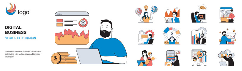 Leinwandbilder - Digital business concept with character situations collection. Bundle of scenes people create strategy, make advertising, promote online, e-commerce shopping. Vector illustrations in flat web design