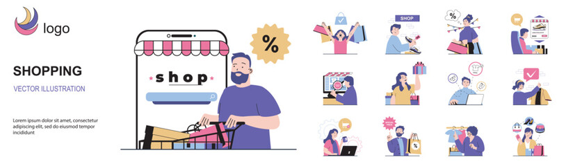 Leinwandbilder - Shopping concept with character situations collection. Bundle of scenes people buy goods online, order and receive purchases, paying in mobile application. Vector illustrations in flat web design